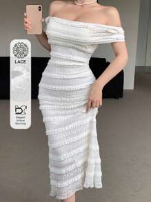 DAZY Damen Off-Shoulder Spitzenkleid für Partys, Hochzeiten, Geburtstage, Homecoming, elegantes Sommerkleid für Hochzeiten