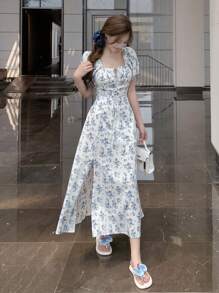 DAZY Blue & White Porcelain Ditsy Floral Waist Cinched Split Hem Tea-Length Dress For Women Summer,Milkmaid Dress Sundress Vacation Outfits Women - Blue - View 4