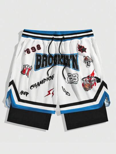 Prep Men's Solid Color Patchwork Front Lace-Up Pocket Basketball Shorts With 2 In 1 Design