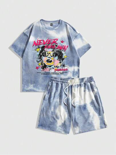 Street Life Herren Batik Charakter Slogan Muster T-Shirt und Shorts Set