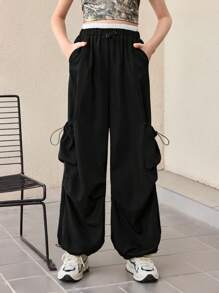 SHEIN Tween Girl Fashion Street Solid Woven Cargo Pocket Drawstring Decor Loose Wide Leg Black Pants, Suitable For Casual Outing, Back To School, Y2K, Mommy And Me Matching - Black - View 4