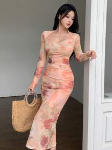 DAZY Đầm dự tiệc dài ngang gối in họa tiết hoa hồng, chất liệu voan mỏng, xẻ tà, thích hợp cho nữ dịp Lễ Tình nhân, mùa thu, tay dài, đầm maxi. - Màu Cam san hô - Xem 8