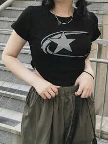 DAZY 女式星星月亮印花短款 T 恤 Y2k - 黑色 - 查看 4