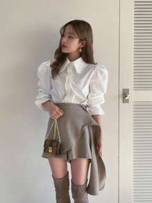 DAZY Camisa de botones con mangas abullonadas de manga larga - Blanco - Ver 7