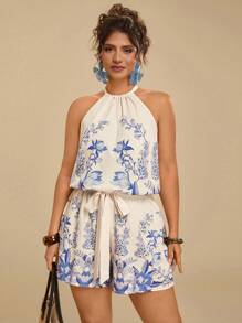 Travachic Plus Size Bohemian Casual Holiday Beach Vacation Halterneck Tied Floral Print Blouse Shirt + Beach Shorts 2 Pieces Set, Spring/Summer