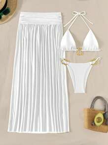 Bonvoyette 3pcs Set Shiny Fabric Solid Color Halter Triangle Bikini Set With Asymmetrical Metal Ring And Long Mesh Beach Skirt, Elegant & Sexy Swimwear For Holiday For Summer Beach Vacation - White - View 6