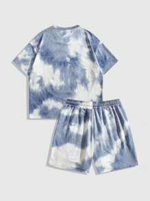 ROMWE MEN Street Life Men's Tie-Dye Character Slogan Print T-Shirt And Shorts Set
