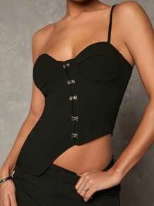 Glamine New Black One-Shoulder Asymmetrical Hem Tight-Fitting Women's Tank Top For Spring And Summer, With Slanted Placket Design, Sexy Hot Girl Style, Suitable For Daily Wear, Back To School Season And Nightclub Wear