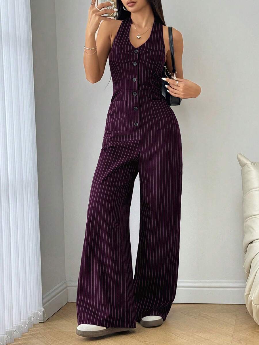SHEIN Unity Women's Button Front Halter Neck Striped Casual Jumpsuit Fall Cloth For Women - Multicolor - View 1
