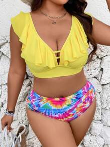 SHEIN Swim Lushore Plus Size Women 2pcs/Set Printed Tankini, Solid Color Contrast Vest Style Bikini - Yellow - View 3