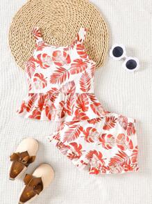 Young Girl' Summer Beach Style tryckta camisole & shorts 2 delar set, lämplig för semester, fest, dagligt slit - Redwood - Visa 2