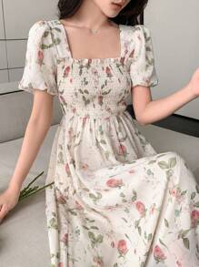 DAZY Robe d'été imprimée de fleurs avec encolure carrée et taille froncée, robe de fermière sundress pour femmes