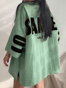 DAZY Áo thun nữ mùa hè in chữ, cổ tròn, vai rớt, dáng rộng, thoải mái, tay dài - Màu xanh Bạc hà - Xem 5