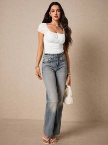 Poéselle 褶皱短袖修身 T 恤，深方领花卉蕾丝网眼泡泡袖，性感女式上衣茶会装夏季 T 恤夏季上衣 - 白色 - 查看 2