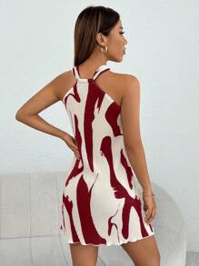 SHEIN PETITE Graphic Print Lettuce Trim Halter Short Summer Dress - Burgundy - View 2
