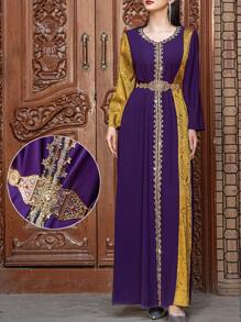Layrah Multi-Colored Handmade Embellished Long Sleeve Arabian Dress, Modest Kaftan For Evening Party/Wedding Guest/Anniversary - Multicolor - View 2
