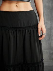 SHEIN EZwear Women's Spring And Summer Country Festival Outfits Vintage Ruffle Lace Maxi Skirt