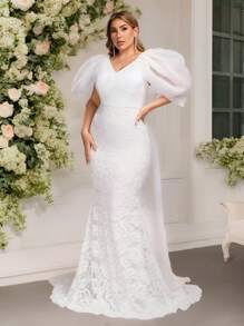 SHEIN Belle Vestido de novia elegante y romántico, de talla grande, con cuello en V, mangas abultadas, lazo y cola, de encaje blanco vintage