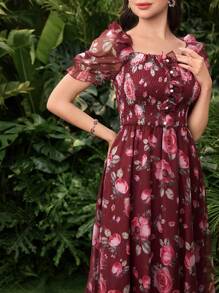 Modelyn Digital Print Square Neck Short Sleeve Dress For Women - Multicolor - View 7