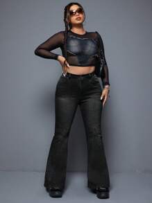 SHEIN ICON Plus Size Front Button Multiple Pockets Casual Denim Jeans - Black - View 3