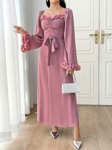 Modelyn 女士优雅花朵系带腰部浪漫长裙 - 粉色 - 查看 5