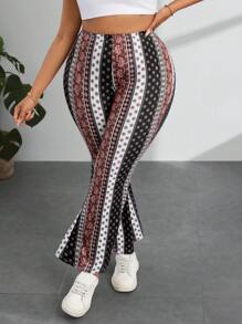 SHEIN PETITE CURVE Pantalones holgados casuales con estampado floral pequeño para mujer de tallas grandes