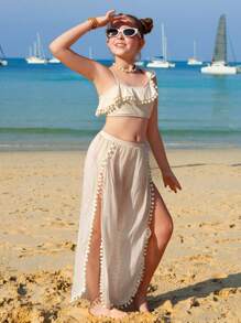 SHEIN Tween 女童荷叶边不对称领度假泳装，可爱儿童游泳套装 - 米色 - 查看 1