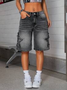 SHEIN Tall Tall Women's Embroidered Star Washed Low-Waist Denim Capri Pants - Grey - View 3