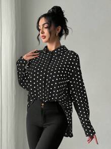 Chiquease 休闲波点印花褶皱后背衬衫，适合春秋季节 - 黑色 - 查看 3