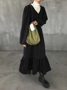 FRIFUL 女式V领荷叶边下摆长袖系腰连衣裙秋冬