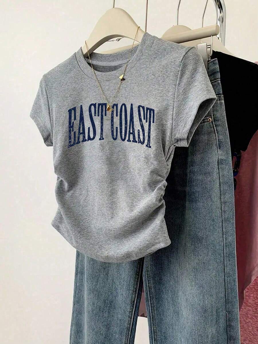 少女休闲简约字母短袖修身T恤 - 灰色 - 查看 1