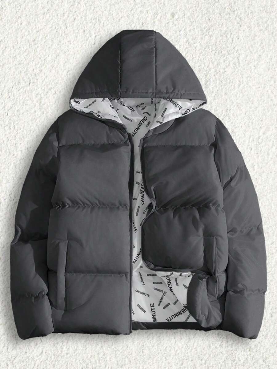 RueChic Men Allover Printed Lining Regular Hooded Padded Coat - Dark Grey - View 1