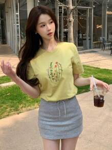 DAZY Áo thun ngắn tay thêu hoa, kiểu dáng thường ngày mùa hè, thích hợp cho lễ Phục sinh. - Màu Mù tạt vàng - Xem 6