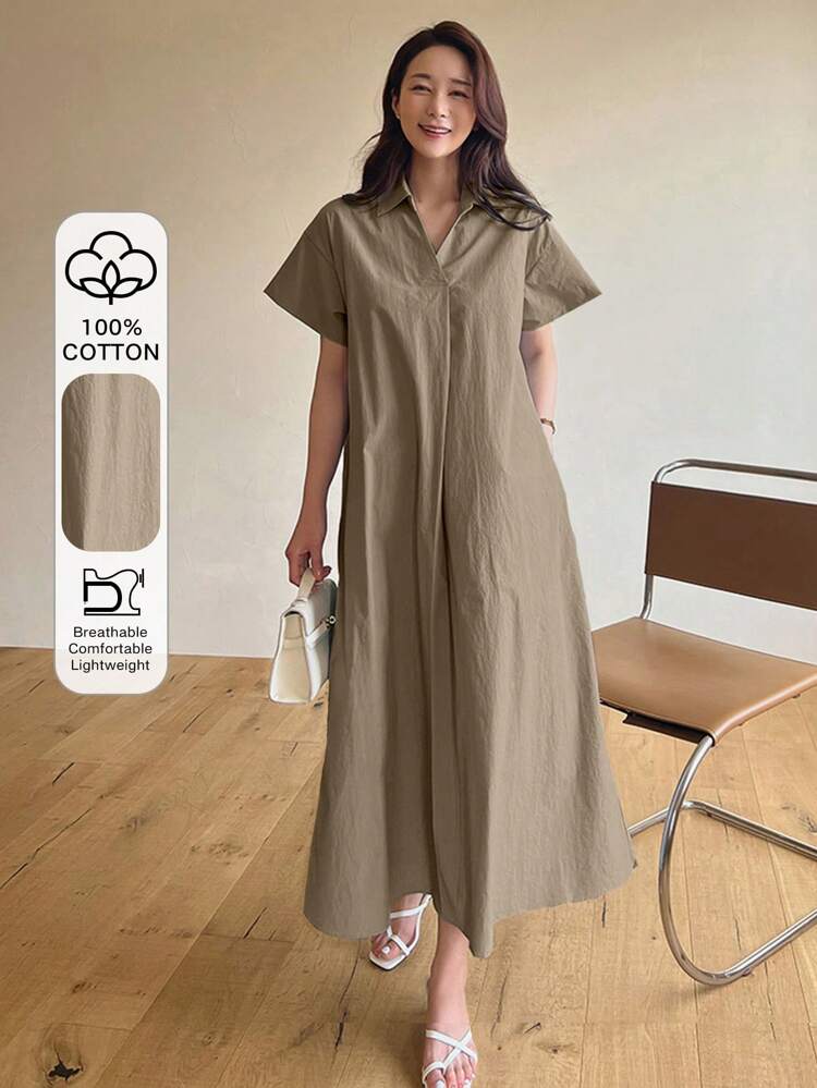 Ladies' Summer Turn-Down Collar Solid Short Sleeve Long Casual Dress Sundress Shirt Dress