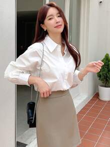 DAZY 女士商务休闲纯色长袖衬衫秋季 - 白色 - 查看 6