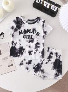 Nuevo conjunto informal casual de niña bebé con estampado de letras inglesas en tie-dye, material suave y amigable para la piel, adecuado para actividades tanto en interiores como en exteriores, primavera/verano - Multicolor - Ver 1