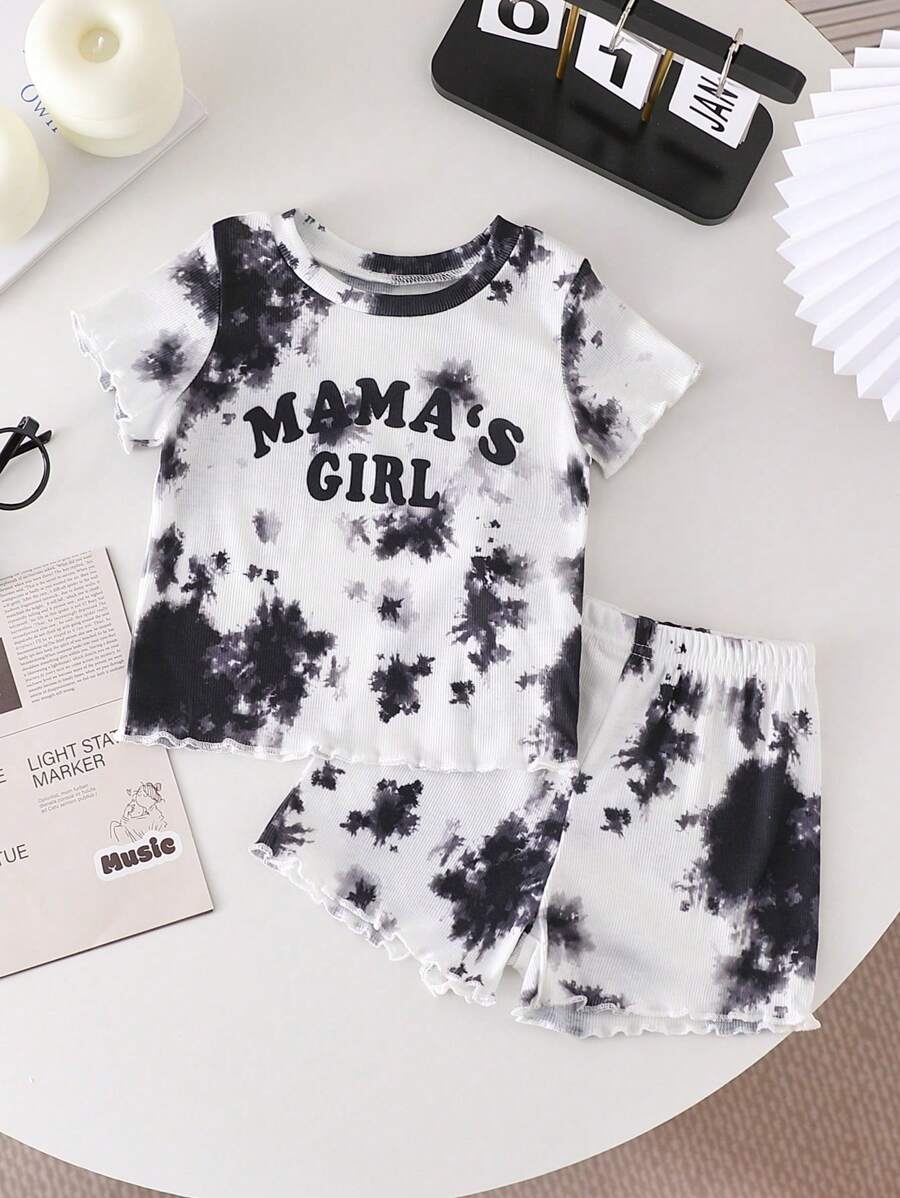 Nuevo conjunto informal casual de niña bebé con estampado de letras inglesas en tie-dye, material suave y amigable para la piel, adecuado para actividades tanto en interiores como en exteriores, primavera/verano - Multicolor - Ver 1