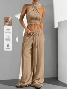 SHEIN EZwear 2 chiếc áo crop top màu trơn mùa hè cho nữ và quần buộc eo trang phục thường ngày - màu nâu - Xem 7