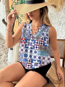 Glamance Pamile Women Blue Plus Size Blouses Sleeveless V Neck Boho All Over Print,Floral,Plain, Summer Outfits For Women Summer Tops Going Out