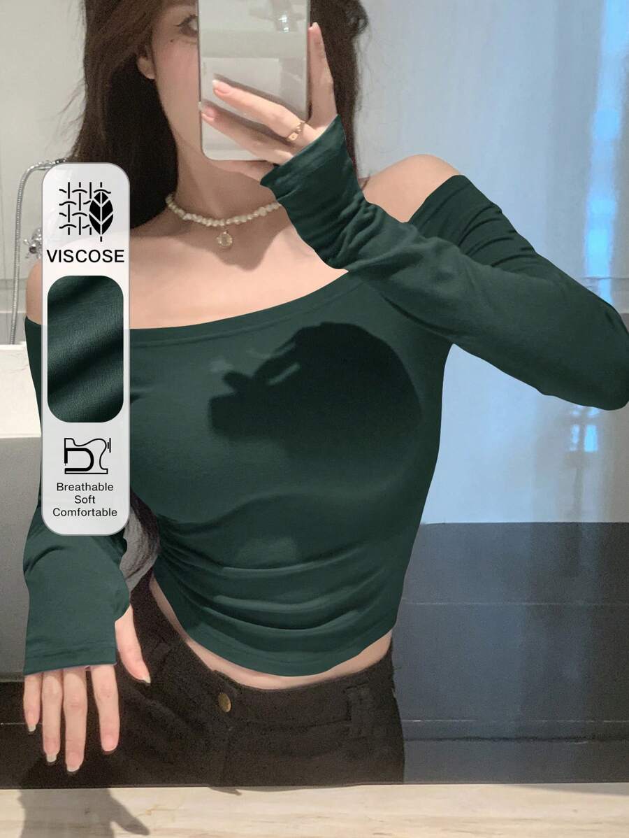 DAZY Kaos Wanita Model Bahu Terbuka, Warna Hijau Alpukat Polos, Pakaian Musim Semi/Panas, Musim Gugur, Atasan Wanita Lengan Panjang untuk Acara Keluar Rumah - Dark Green - View 1