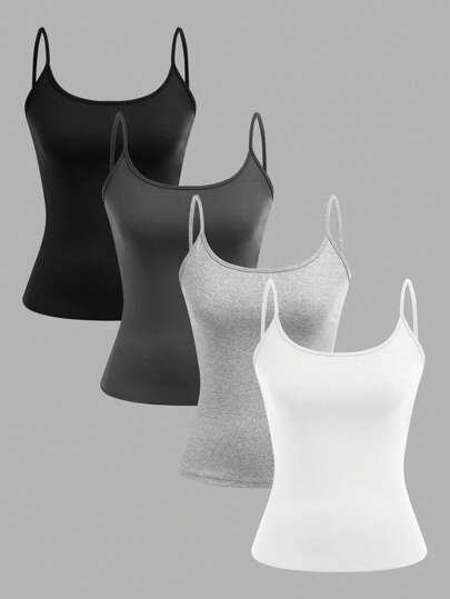 SHEIN EZwear 4pcs Minimalist Casual Women's Camisole Tank Tops, Suitable For Summer Back To School