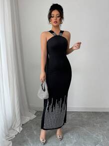 Elenzga Women's Elegant Solid Black High-End Rhinestone Embellished Dress - Black - View 3