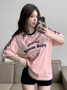 DAZY Women Summer Slogan Striped Printed Round Neck Raglan Sleeve Short Sleeve Casual T-Shirt,Graphic Tees