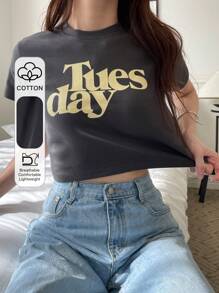 DAZY Letter Graphic Crop Tee Preppy Tops - Grey - View 1