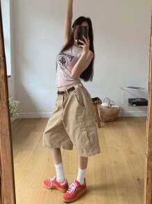 DAZY 女式低腰休闲工装口袋短款短裤夏季 - 卡其色 - 查看 2