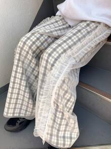 FRIFUL Women's Plaid Mesh Panel Ruffle Hem Decorative Ankle Length Pants Fall
