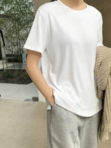 DAZY Solid Round Neck Tee Oversized T-Shirt - White - View 5