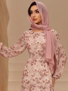 Graceveil Women's Chiffon Printed Round Neck Lantern Sleeve Cinched Waist Waist Romantic Elegant Dress,Modest - Pink - View 4