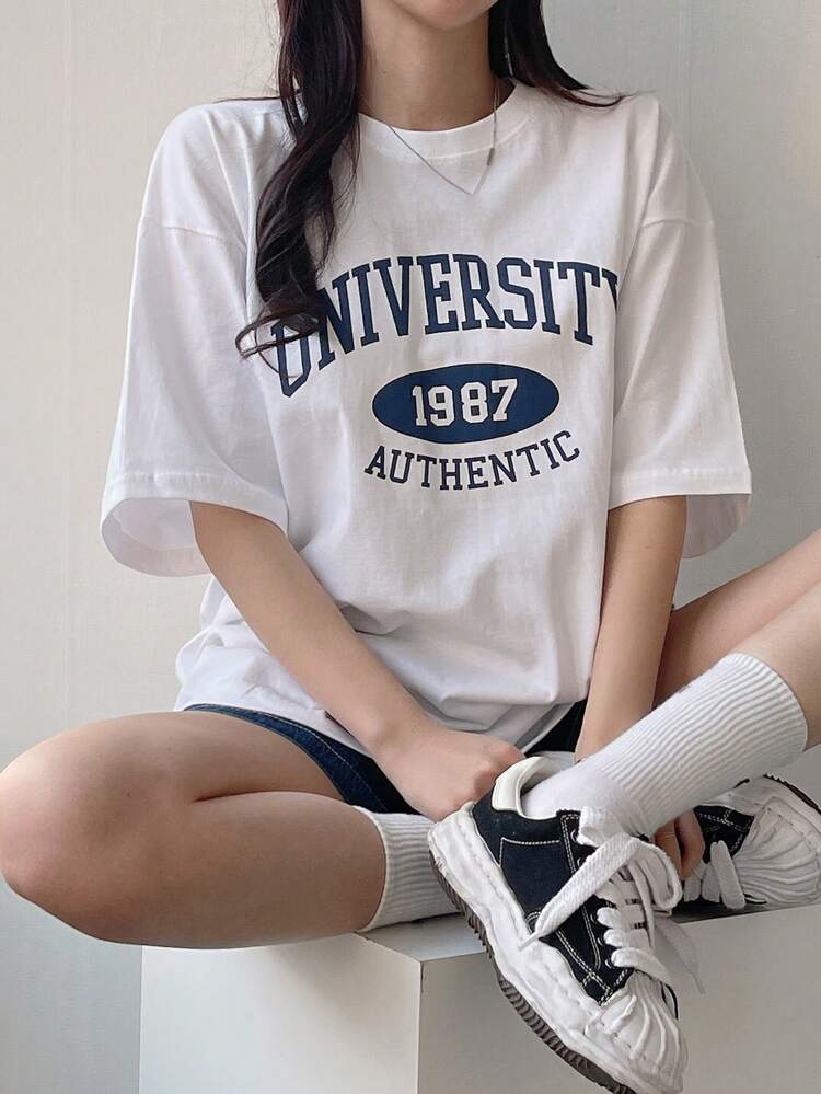 Women's Casual Loose-Fit Drop Shoulder T-Shirt With Letter Print Oversized T-Shirt,Graphic Tees Preppy Tops