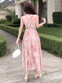 DAZY 女士夏季优雅雪纺碎花连衣裙舞会礼服太阳裙，返校服 - 粉色 - 查看 5